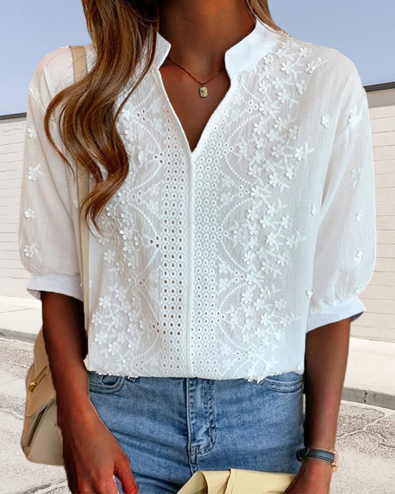 Blusen Damen elegant stickerei V-Ausschnitt Oberteile