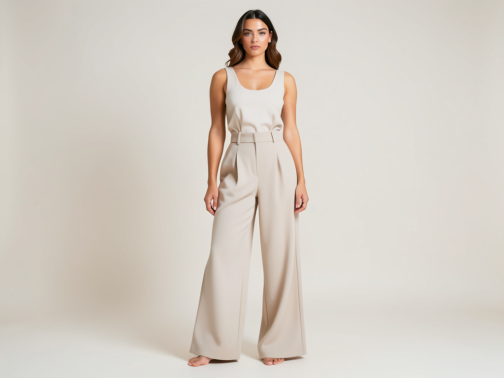 Weite Stoffhose Damen High Waist Beige - Kleidge