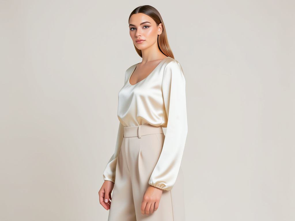 Satin Bluse Damen Elegant Langarm Creme - Kleidge