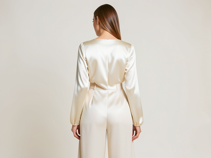 Satin Bluse Damen Elegant Langarm Creme - Kleidge
