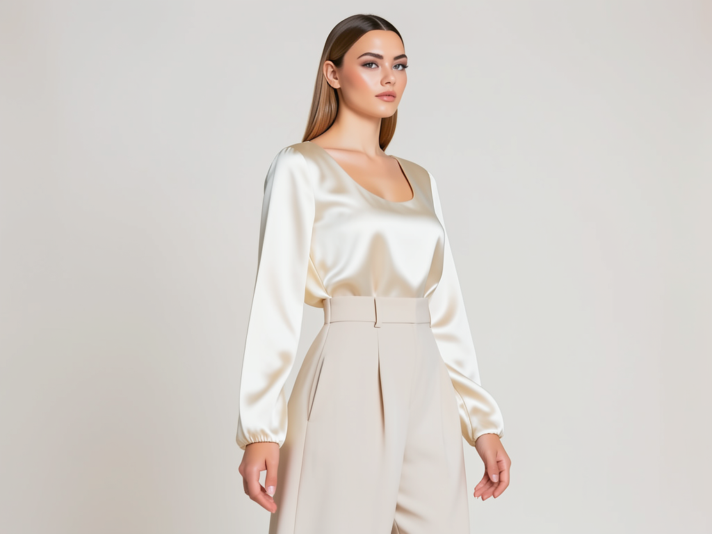 Satin Bluse Damen Elegant Langarm Creme - Kleidge