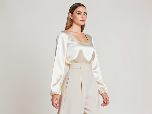 Satin Bluse Damen Elegant Langarm Creme - Kleidge