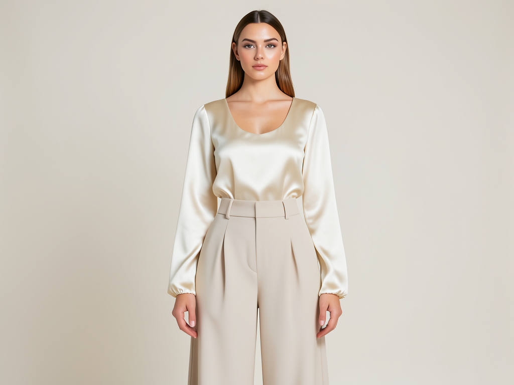 Satin Bluse Damen Elegant Langarm Creme - Kleidge