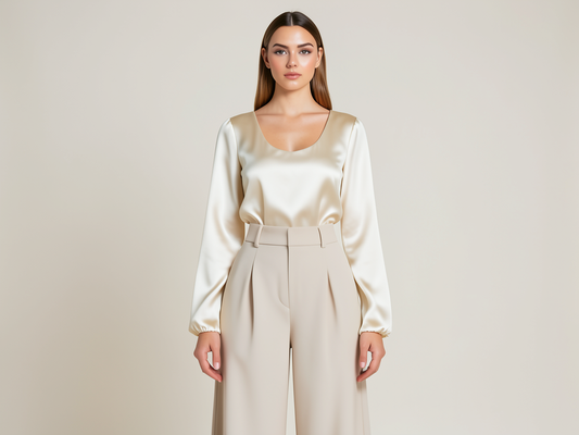 Satin Bluse Damen Elegant Langarm Creme - Kleidge