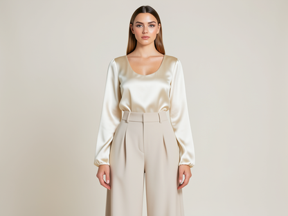 Satin Bluse Damen Elegant Langarm Creme - Kleidge