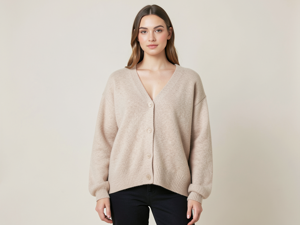 Damen Oversized Strickjacke Beige Baumwolle - Kleidge