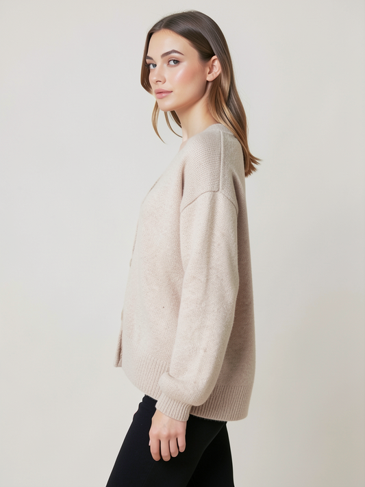 Damen Oversized Strickjacke Beige Baumwolle - Kleidge