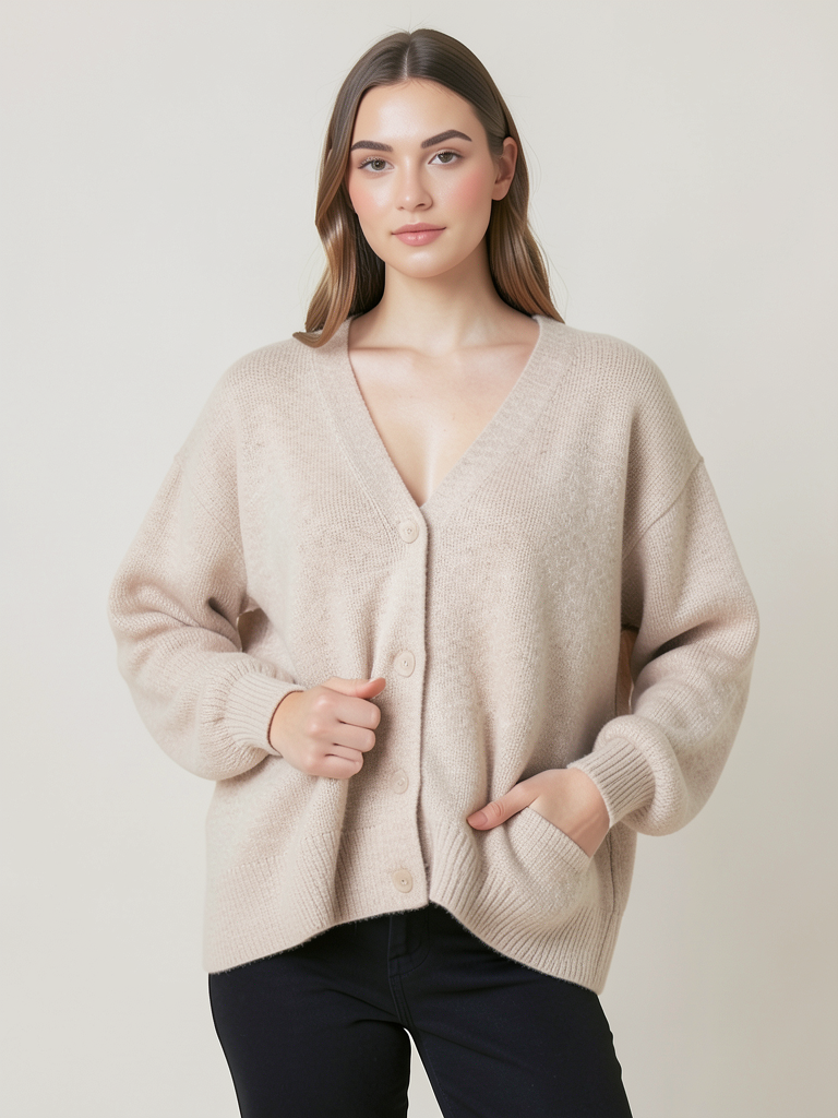 Damen Oversized Strickjacke Beige Baumwolle - Kleidge