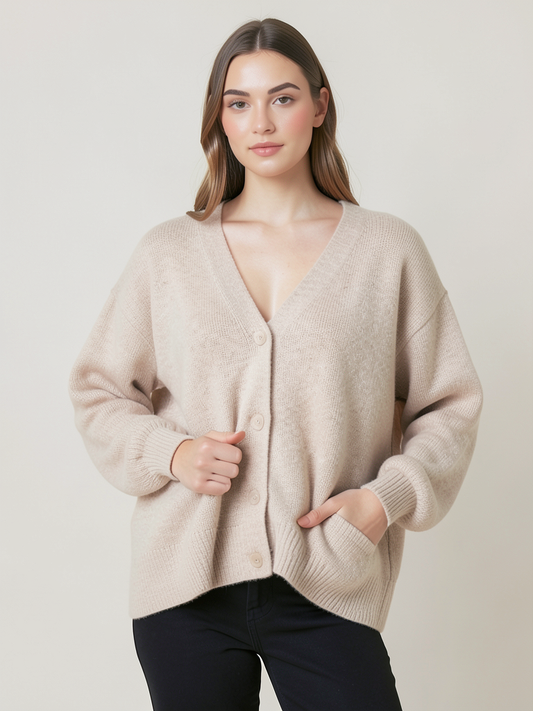 Damen Oversized Strickjacke Beige Baumwolle - Kleidge