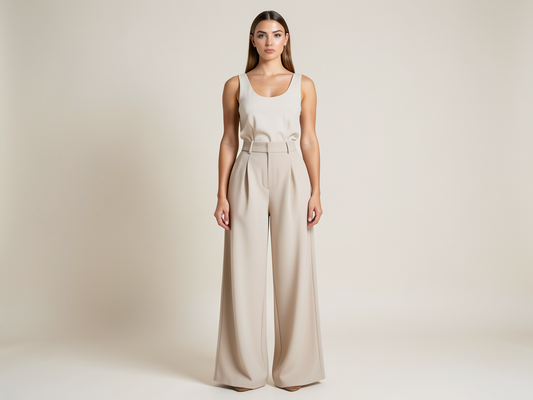 Weite Stoffhose Damen High Waist Beige - Kleidge