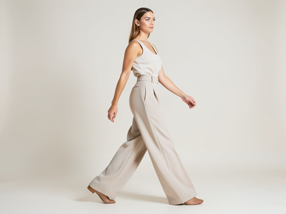 Weite Stoffhose Damen High Waist Beige - Kleidge