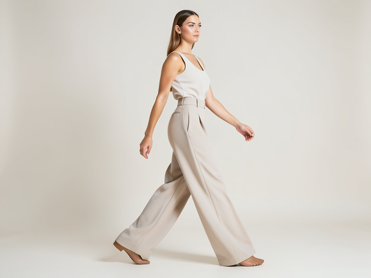 Weite Stoffhose Damen High Waist Beige - Kleidge