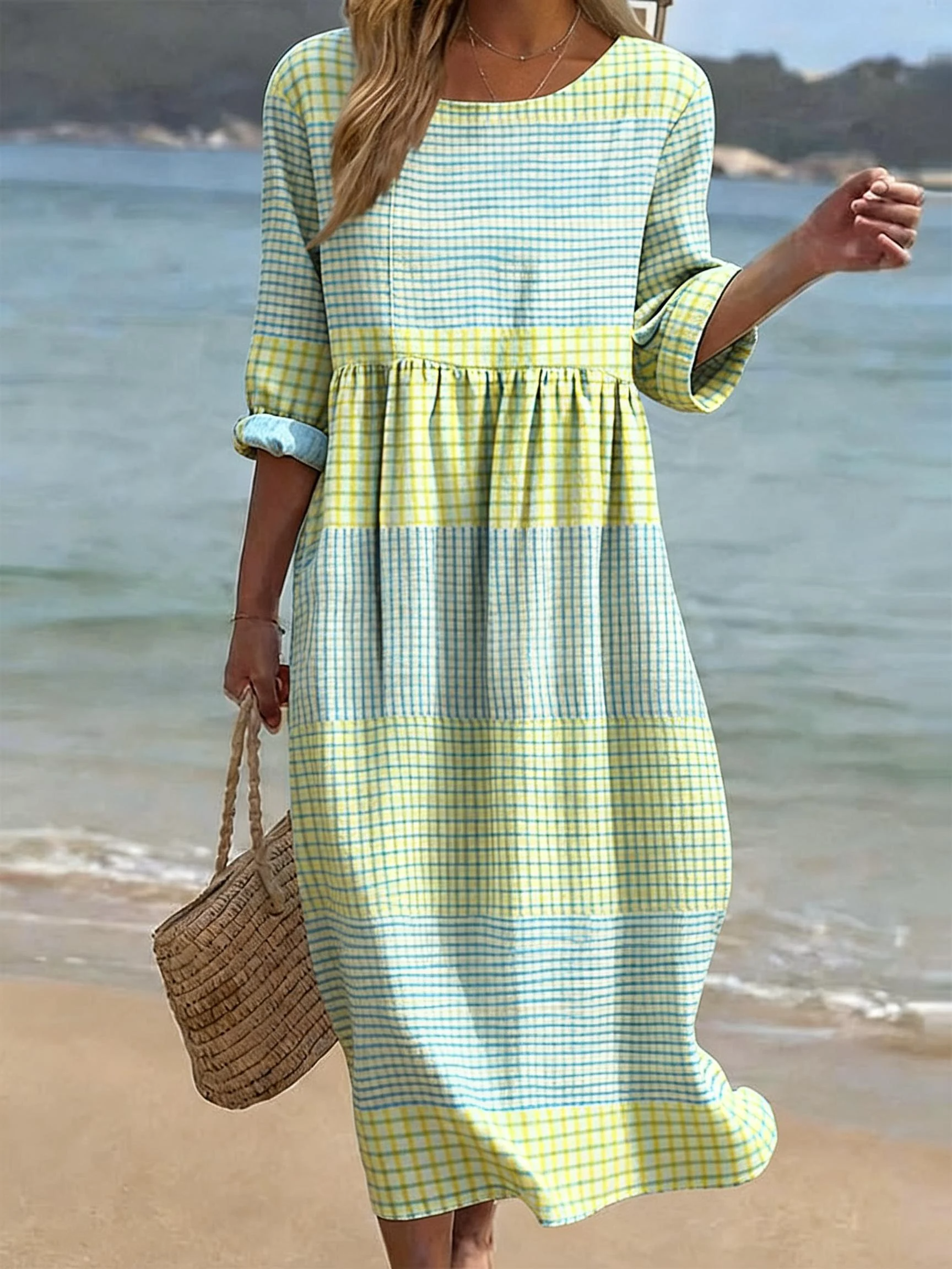 Damen Sommerkleid kariert locker stilvolle Blusenkleider